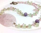 Unique gorgeous luxury handmade, long necklace, flower jewelry, large gemstone, rose quartz, peridot, Murano glass, spring trend