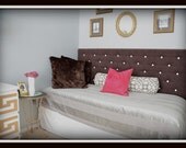 Unique Custom Upholstered Headboard with Diamond Tufting and Pearl Buttons - Shown as a Twin (or King Headboard) and in Chocolate Chenille