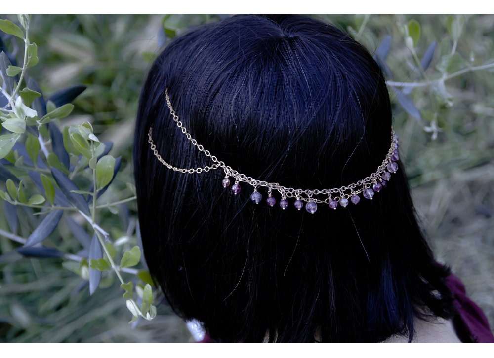 BEADED chain HEADBAND, boho romantic headband, hair accessory, copper and glass purple pearls beads crown