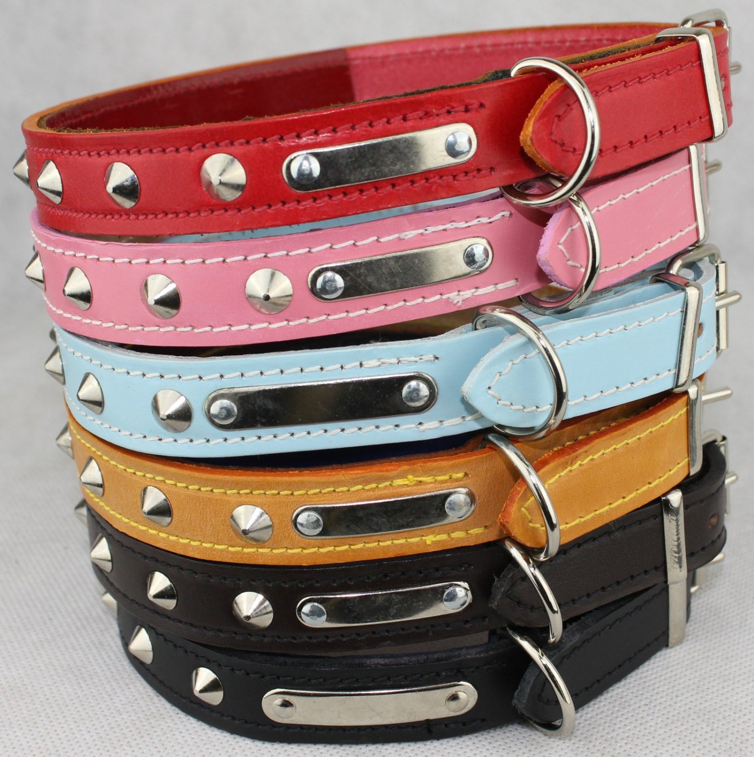 Hand Crafted Studded British Leather Dog Collars - Red Black Tan Brown Blue & Pink 14" 16" 18" 22"
