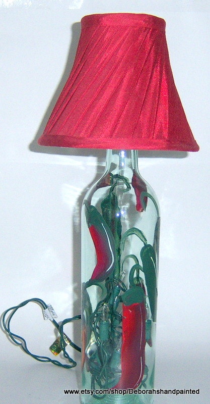 Chile Pepper Wine Bottle Lamp  w/Shade Hand Painted Upcycled Kitchen Bridal Wedding Shower Home Decor Painted Bottle Night Light Lamp Shade