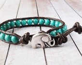 Leather Beaded Bracelet Turquoise Blue Magnesite Gemstones Elephant Brown Leather Chan Luu Inspired Boho