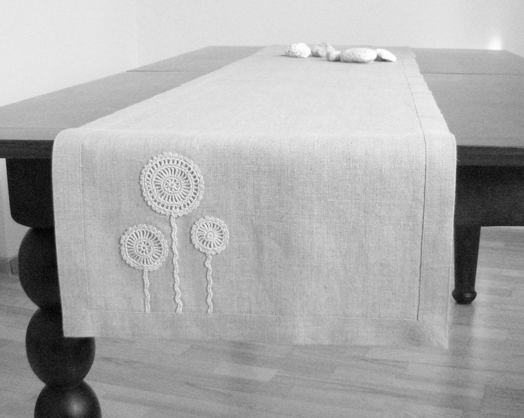 Linen table runner natural gray color decorated with handmade crocheted flower motifs-natural fabric-unbleached