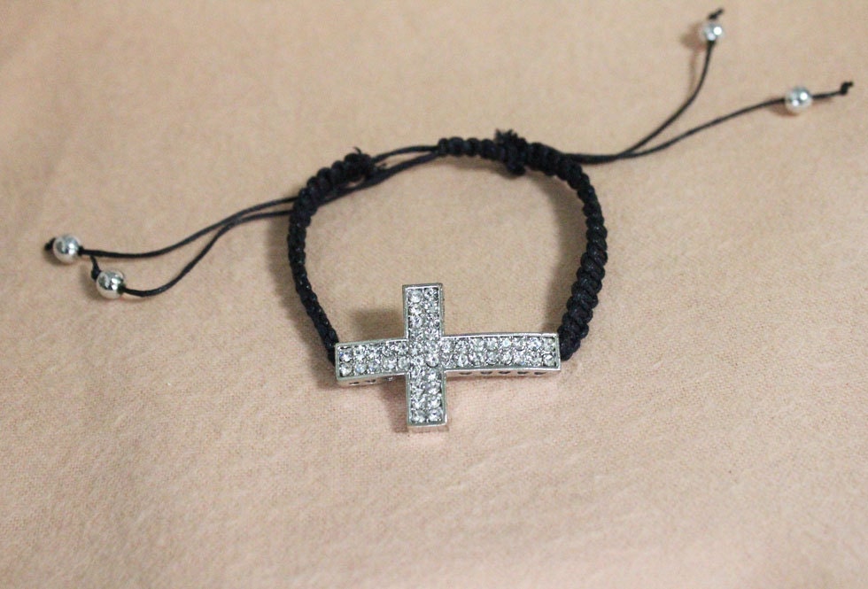 Crystal Sideways Cross Gold Charm Bracelet Black Suede Leather