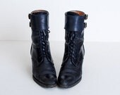 Vintage Ralph Lauren Lace up Buckle Black Heel Boots Goth Punk Witch 8 AA