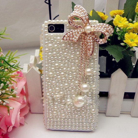 2 colors New Hot Deluxe Bling Bling Shiny Faux Pearl Rhinestone 3D Bow butterfly Hard Back Case Cover For Apple iPhone 5