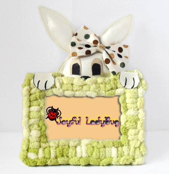 Handmade leather bunny with bow, picture frame, photo frame, embellished frame, pastel green frame, white rabbit, children frame