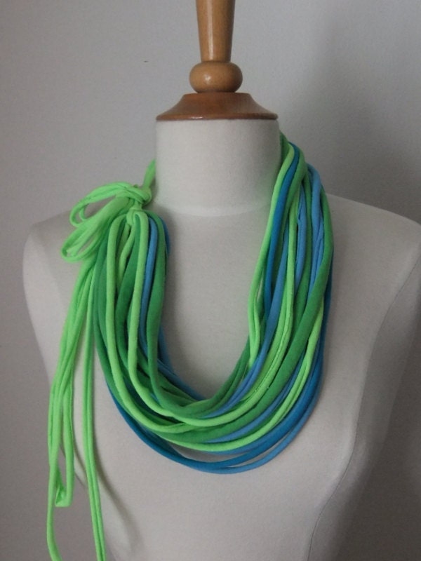 Neon Green,Upcycle Infinity Scarf, Blue T-shirt Long  Necklace, Womens Teens Necklace,Spring Scarf