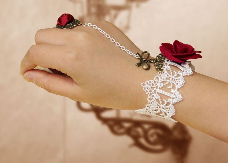 romantic white bangle handmade vintage unique jewelry beautiful lace charm bracelet with flower ring fashion women 2013 jewelry