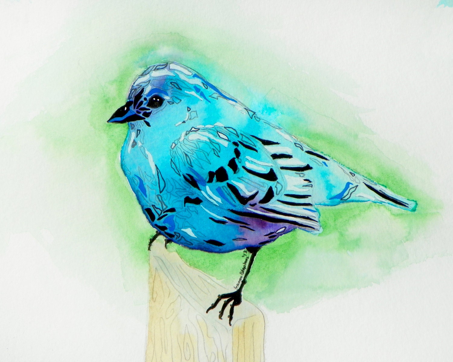 A Blue Bird - Abstracted Illustration Print - Watercolor, Ink and Gouache - Limited Edition Print of 25.