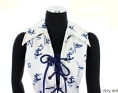 Sleeveless White and Blue Dress -- Sailor Dress -- Nautical Dress with Wide Collar -- 1970's Sailor Dress