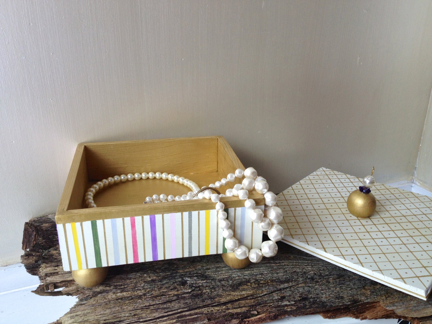Handmade Wooden Stripe Dot Painted Box Home Decor, Bedroom, Jewelry, Child, GIFT in Gold, Yellow, Purple by Out of the Box