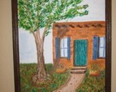 Adobe house with blue shutters , turquoise door, textured pathway,original mixed media acrylic on canvas, tree and flowers