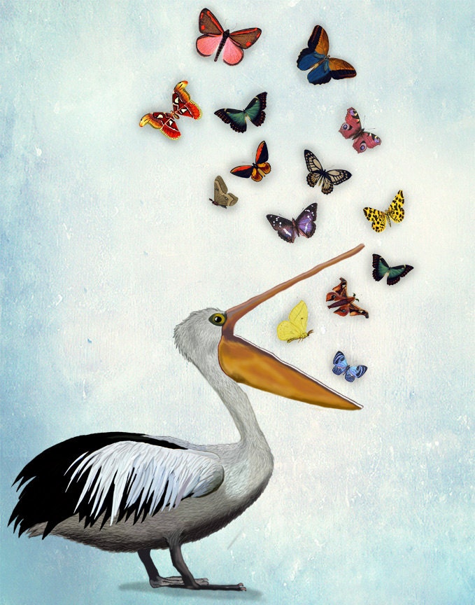 Pelican Butterflies 14x11 Art Print Acrylic Painting Giclee Mixed Media Animal Painting Wall Decor Wall hanging Wall Art