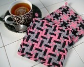 POTHOLDERS HANDMADE Cotton KITCHEN gift, Retro Colors Pink, Gray, Black