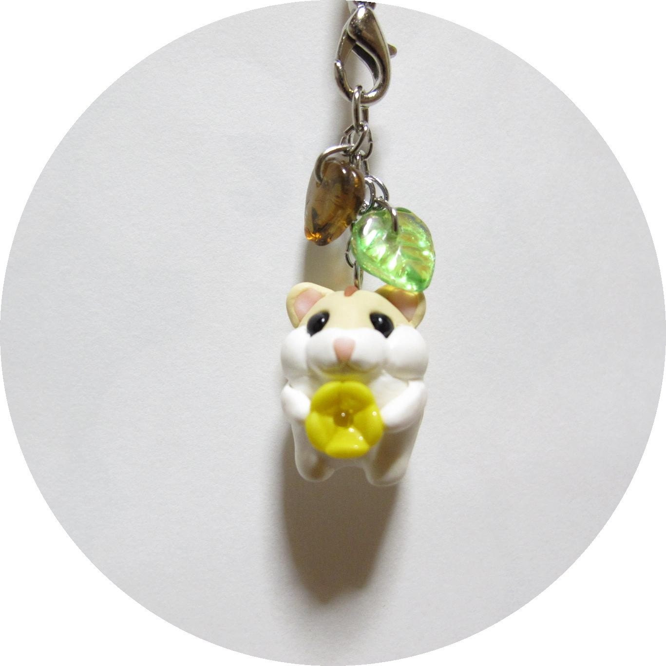 Petit Cute Dwarf Hamster Charm Fimo Polymer Clay Cell Phone Strap Kawaii Mouse Chibi Animal Pet Flower One of a Kind One-off