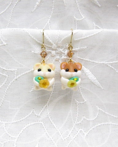 Petit Cute Dwarf Hamsters Earrings Fimo Polymer Clay Swarovski Kawaii Mouse Pet Present Spring One of a Kind One-off