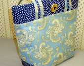 French Chic Blue and Yellow Paisley Handbag, Tote, Purse, 100% Decor Cotton, Navy Blue, White Polka Dots
