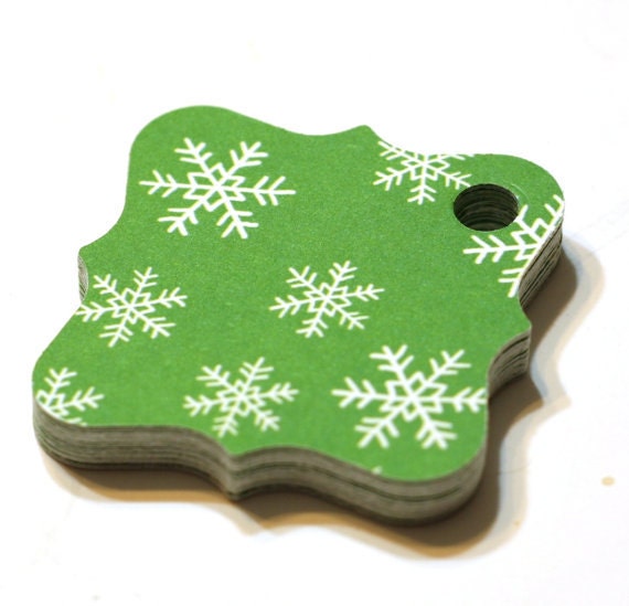 Green and White Snowflake Holiday Gift Tags / set of 24 / 1.75 inch / punches / paper goods / cardstock / christmas tags