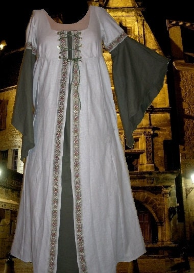 Medieval Renaissance SCA Garb Costume Tan Sage One Piece Laceup LOTR ButtrflySlvs LXL