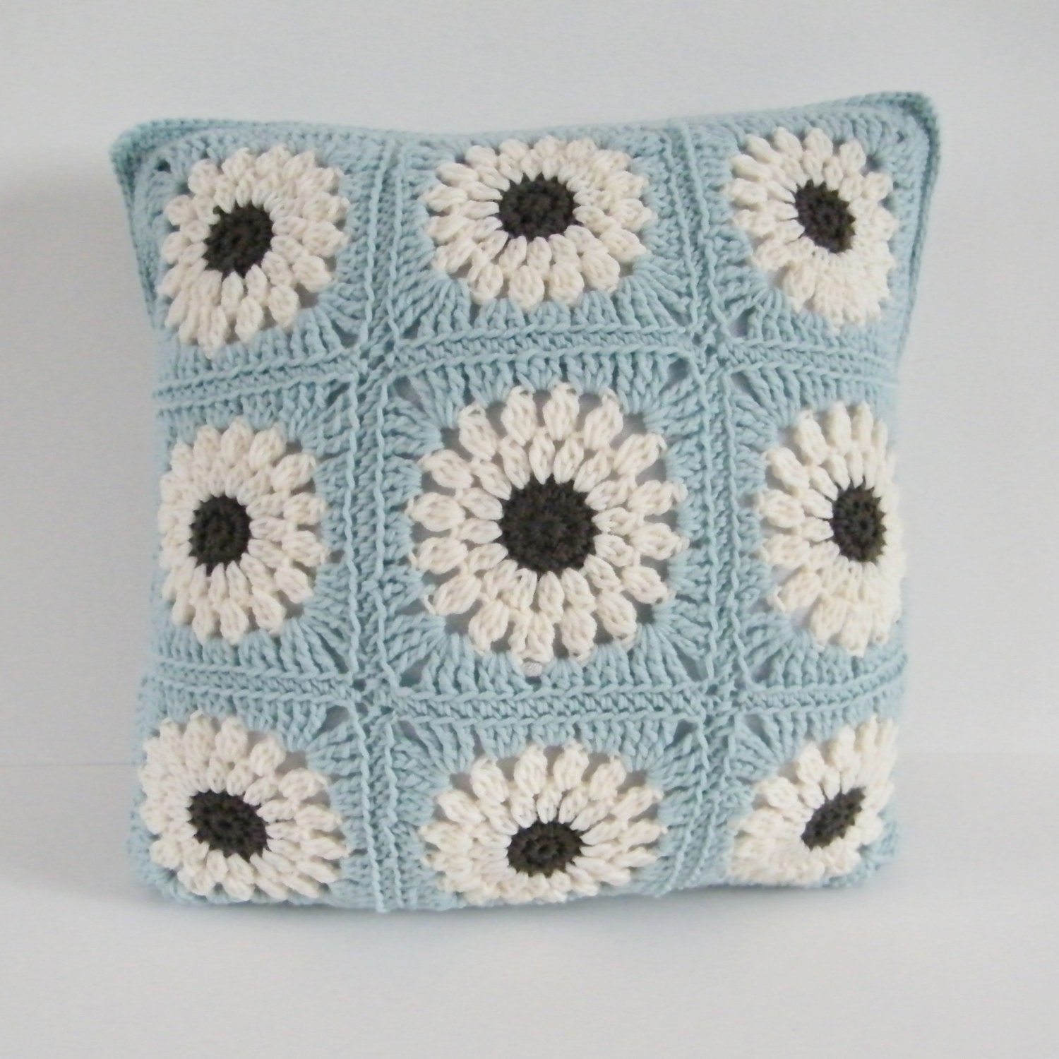 Square Flower Cushion. Daisy and Stripes. Crochet by Hand. Made to Order - fourlinesandaloop