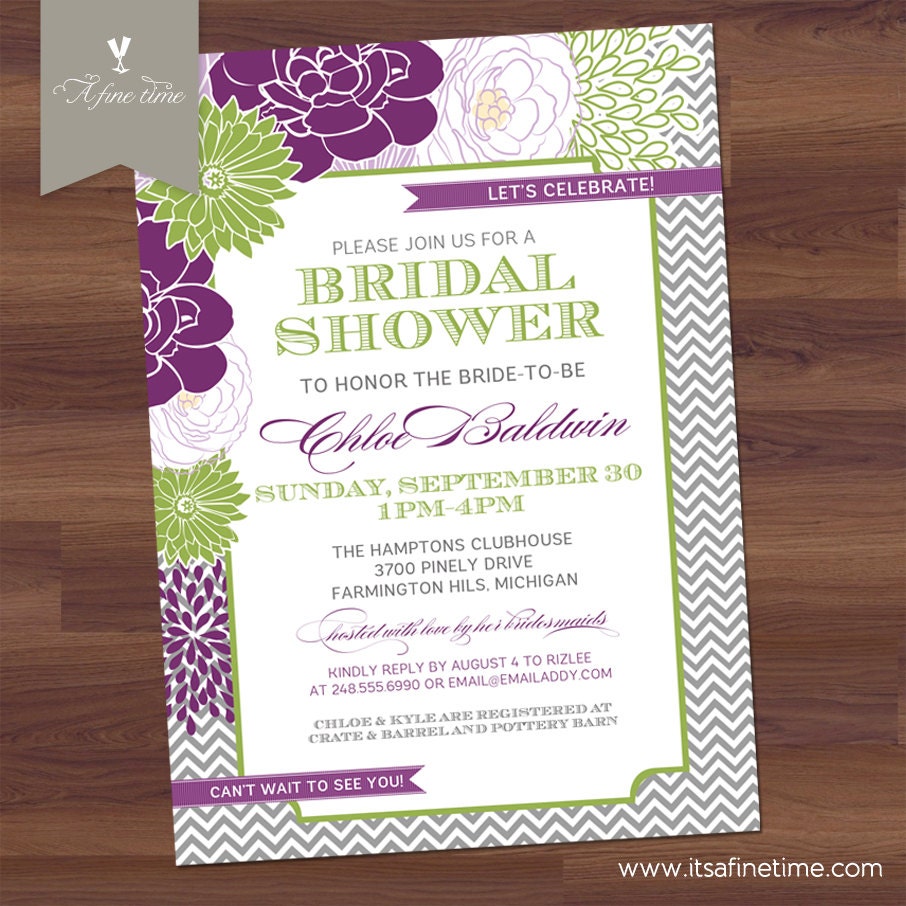 Bridal Shower Invitation - Modern Chevron Floral - Vintage Typography - Purple, green (DIY Digital Printable)