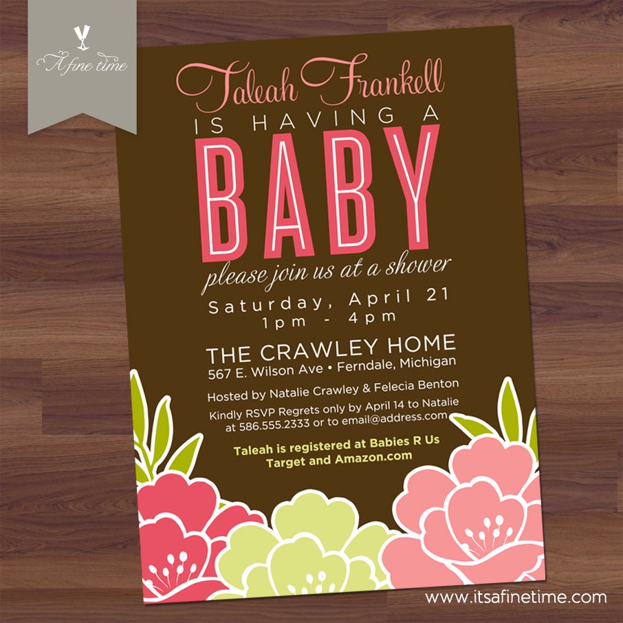 Baby Shower Invitation - Modern Bloom - Floral, brown, pink, chartreuse - Girl, Boy, Twins, Gender Neutral (DIY Digital Printable)