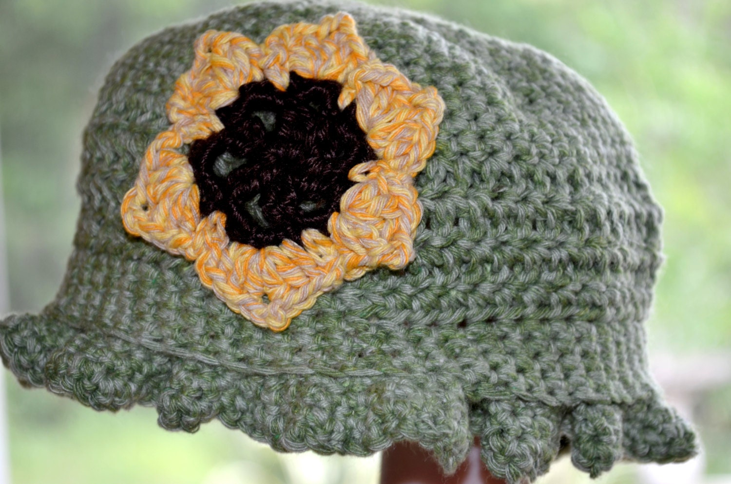Drab Green Girls Crochet Hat w/ Ruffled Brim and Sunflower