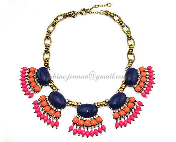 Statement J Crew Inspired Bubble Navy Cabochon Fan Fringe Vibrant Fuchsia Gem Crystals Rhinestone Beaded Wedding Party Necklace (JS-N-0094B)
