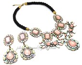 Chunky Statement Bubble Gem Crystal Rhinestone Set, Pink Wedding Swarovski Necklace and Earrings, Inspired Party Holiday Set (JS-S-0019)