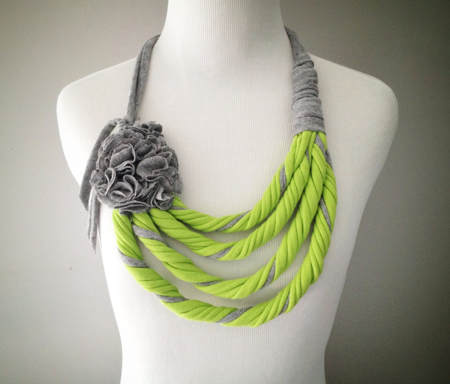 Lime Green & Grey Tshirt Necklace - Infinity Scarf - Asymmetrical with Flower - From Repurposed Tshirts