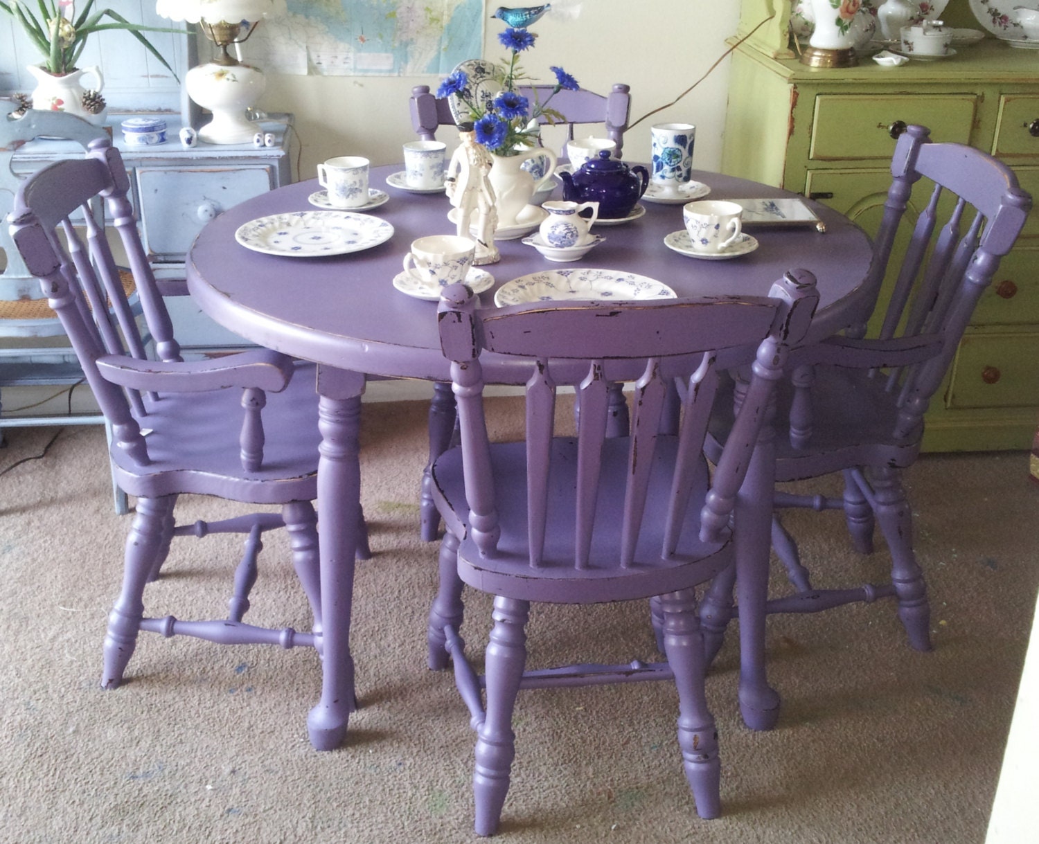 Purple Antique Shabby Chic Mahogany Dining Table & Chairs. Hand-painted furniture/upcycle/distressed/eco/country/farm/vintage/wood/primitive