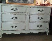 White Antique French Country Style Shabby Chic Dresser/Buffet. /Vintage/hardware/Handpainted/furniture/cottage/upcycle/distressed/wood/chalk