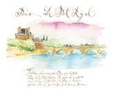 Paris watercolor painting of the Pont Royal, 8X10, french art print, Paris bridge landscape pastel illustration