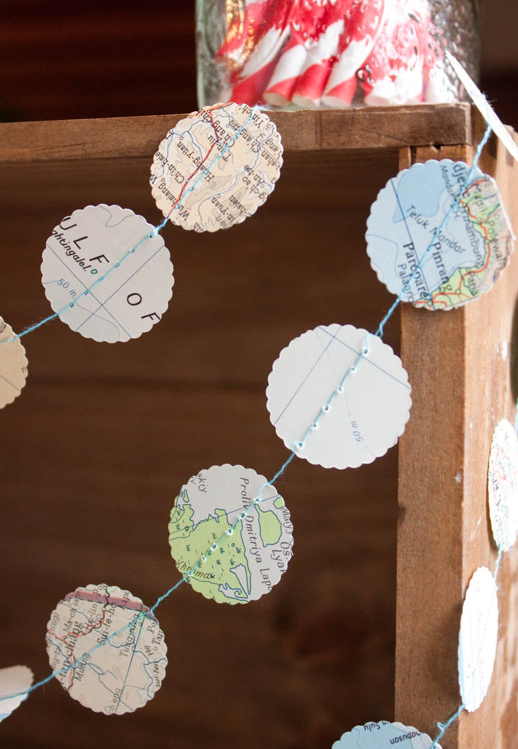 Recycled Map Paper Garland Bunting - Scalloped Circles - 10 Feet Length