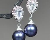 Pearl Bridal Earrings sapphire blue Pearl Earrings Cubic Zirconia Sterling Silver Post Wedding Jewelry Bridesmaid Gift something blue