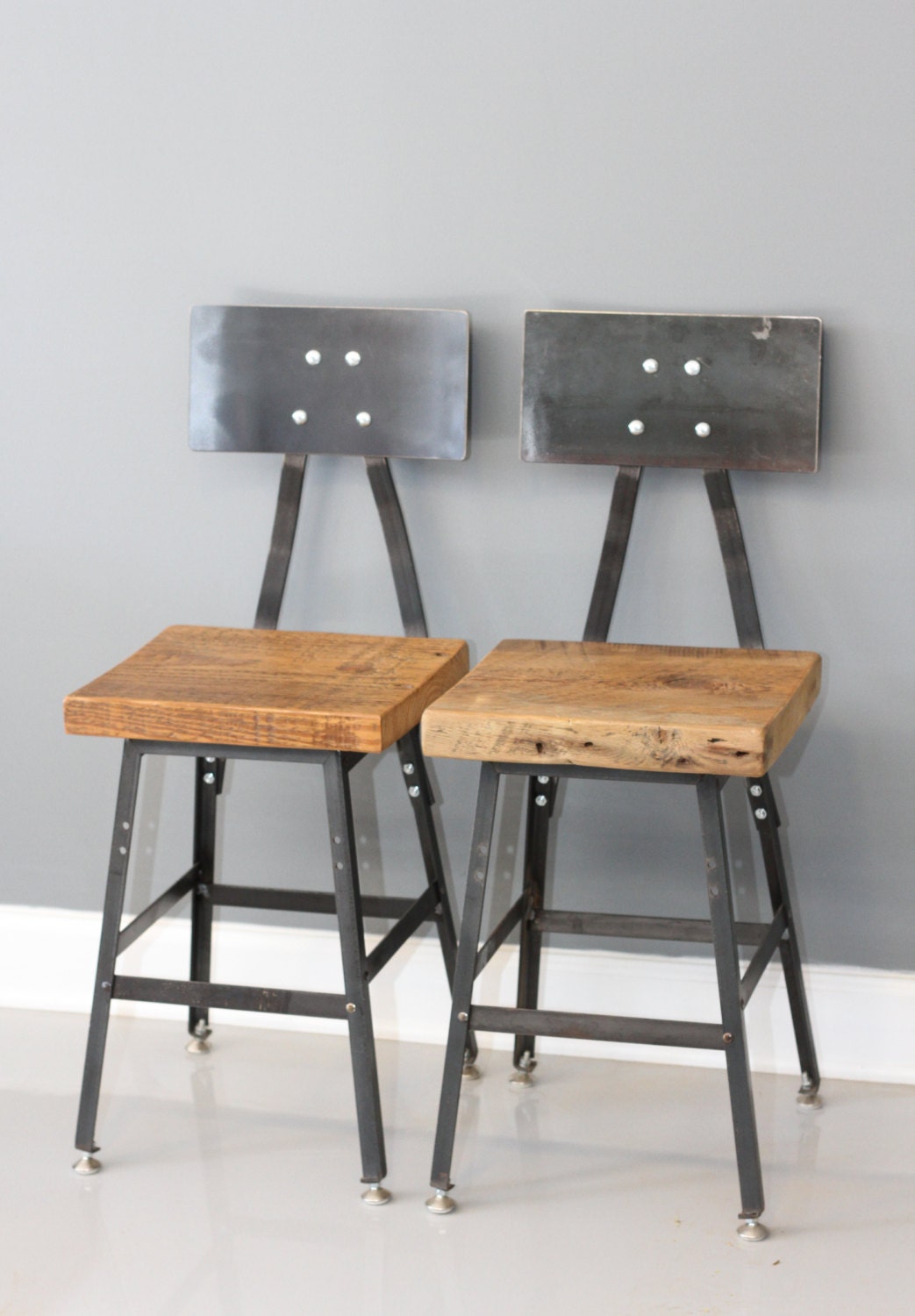 Set of 2 -18"H Reclaimed Wood Industrial Bar Stool w/ Steel Back - FREE SHIPPING - Industrial Modern - Salvaged Wood
