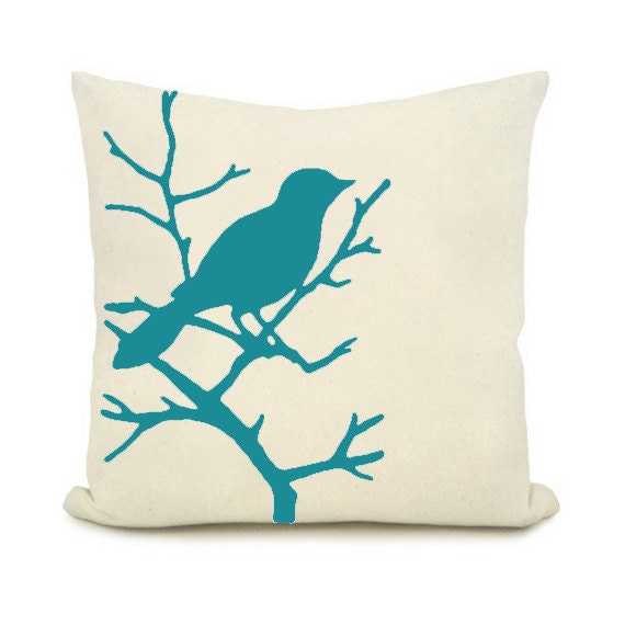 Turquoise blue bird design print  pillow, on a bright crème background  Cushion cover 18x18 Home Decor,  Decorative animal print pillow