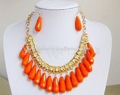 Orange Bubble Bib Necklace Orange Statement Necklace With Matching Earrings Drop Shape Beaded Necklace Crystal Jewelry (CJ-N0079)