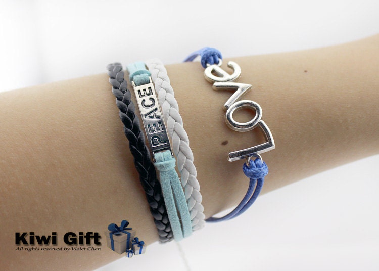 Free shipping bracelets,love peace Bracelet-peace bracelets,Charm Bracelet - blue peace Leather Ropes- rope bracelets,Best gifts to friends