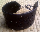 Beautiful Hip Black Leather Etched Cuff Bracelet - Made from Recycled Vintage Belt