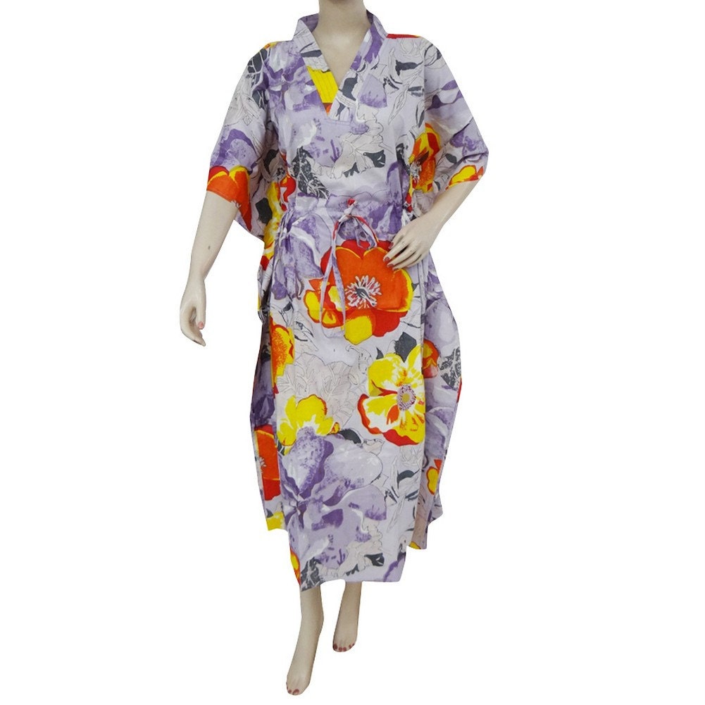 FREE SHIPPING Purple Cotton Kaftan Summer Long Tunic Dress Women Robes Indian Caftan Sz 6X - KF846