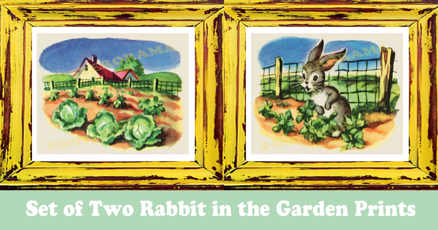 set of 2 Rabbit in the Garden POSTERS two large 8 x 10 animal Print