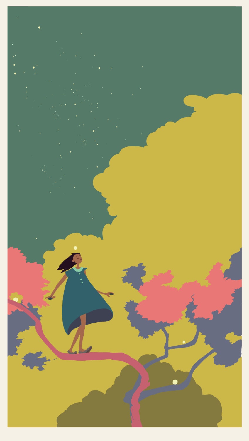 Dream walk in the sky, girl in blue nightgown illustration