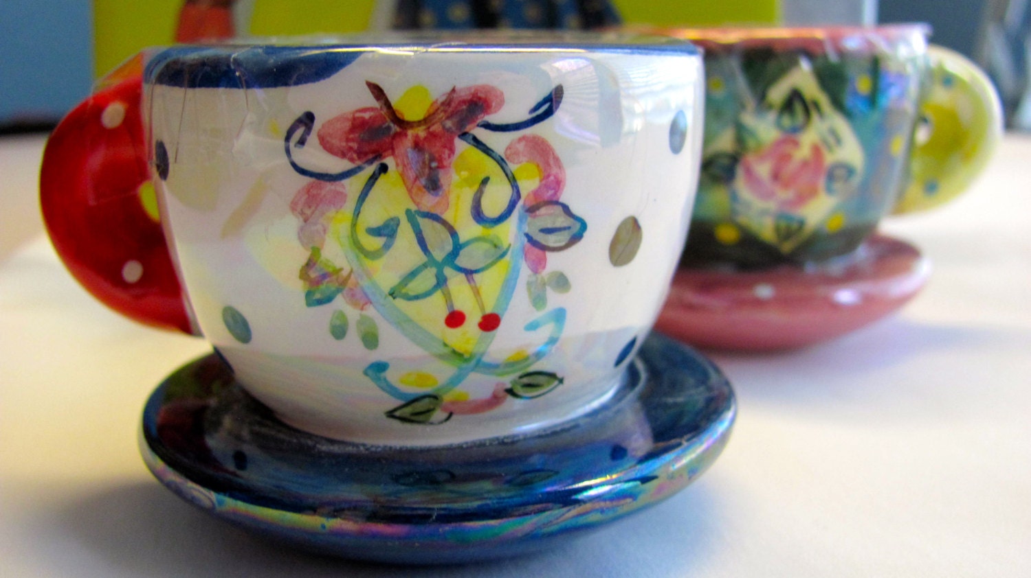 MARY ENGELBREIT CANDLES Rare Teacup Votives Pair Miniature Tealights in Floral Designs Me ink