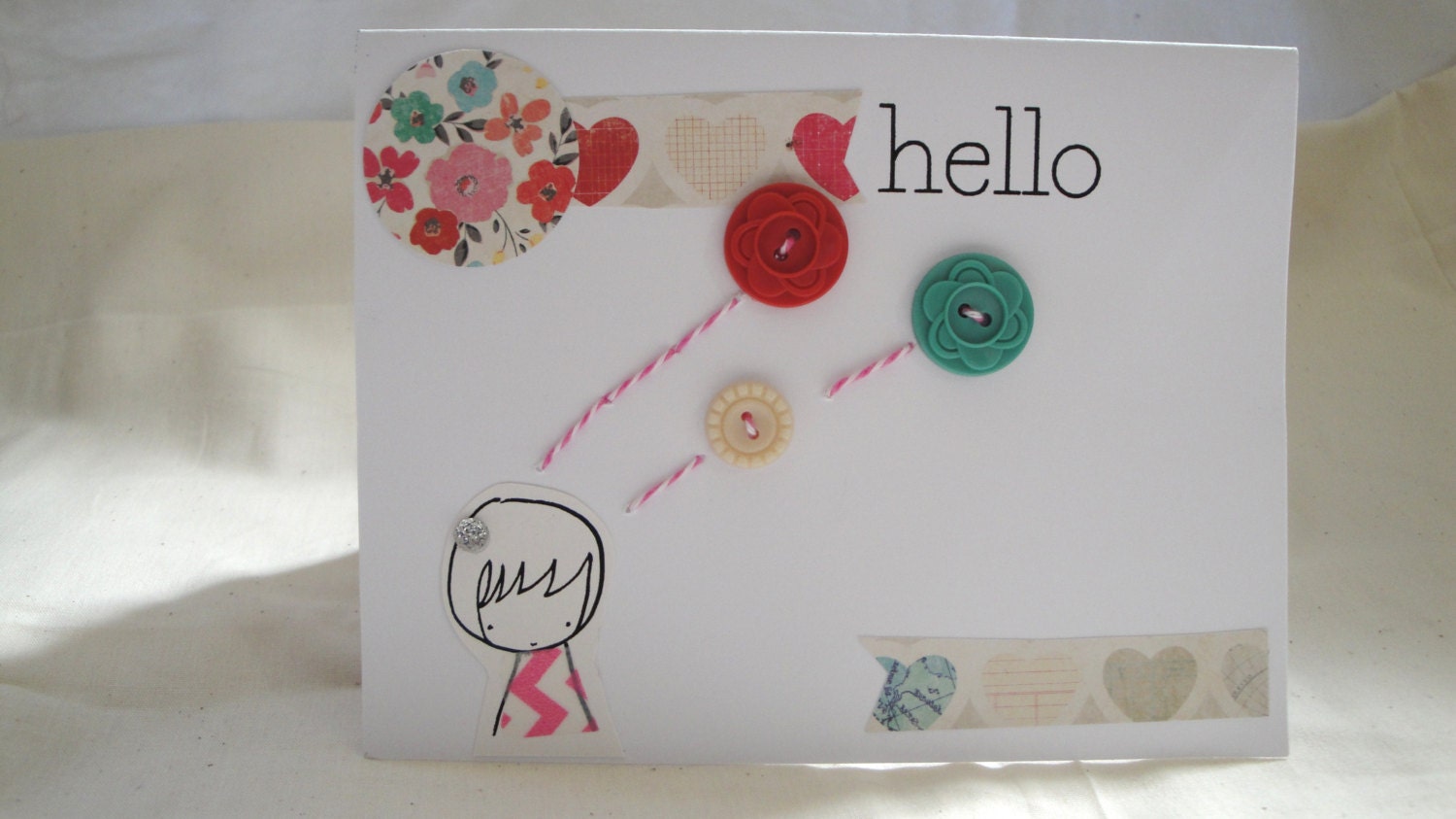 Hello Blank Inside Greeting Card-just because, any occasion, thinking of you, i love you, vintage buttons, floral, girly, pink, best friends