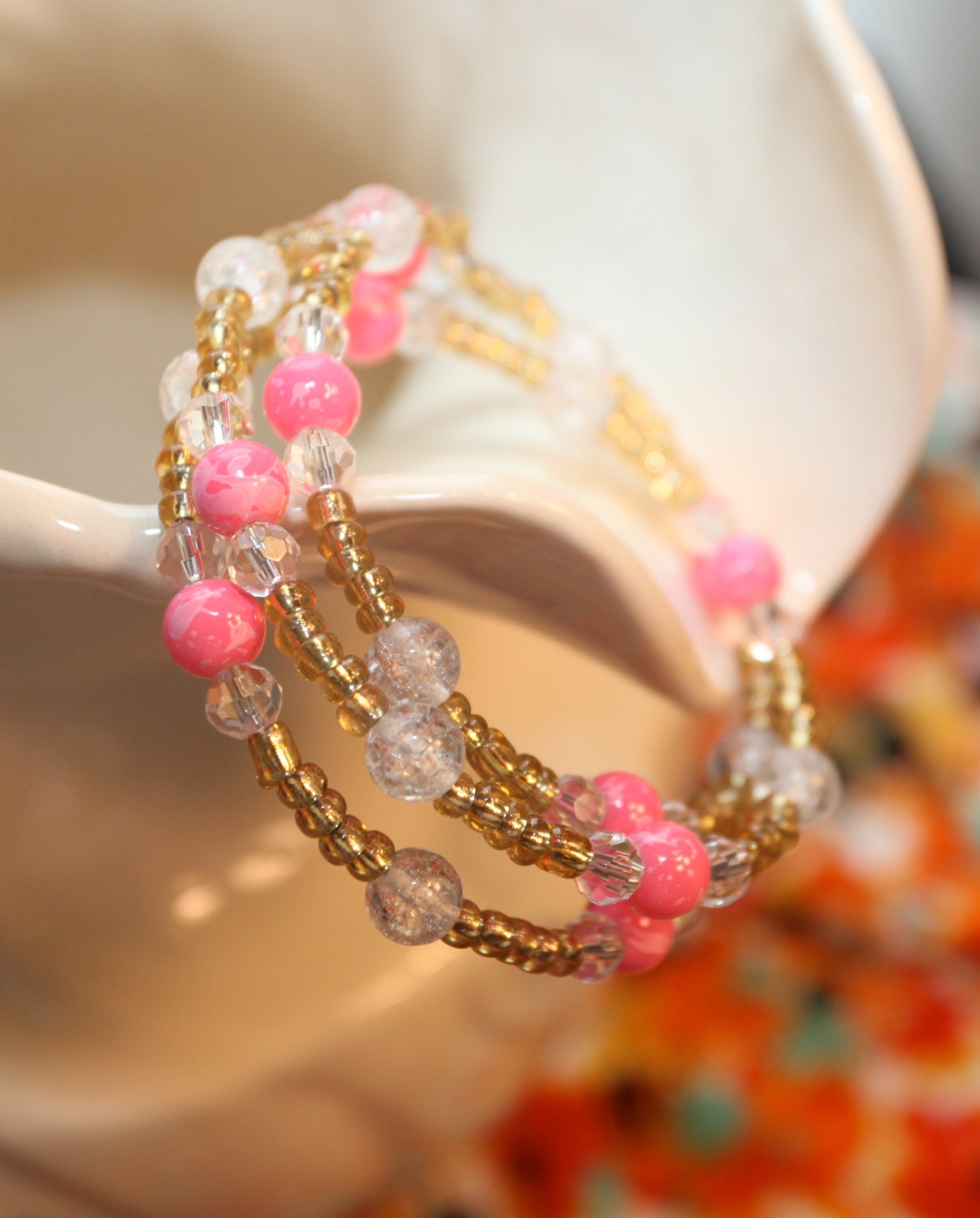 Beaded Coil Memory Bracelet - Neon Pink and Gold