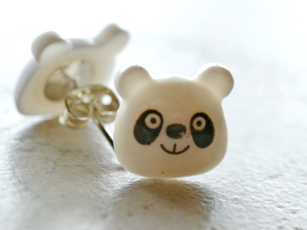 Panda Bear Earrings, Panda Earrings, White Pandas Stud Earrings, Animal Jewelry Kawaii