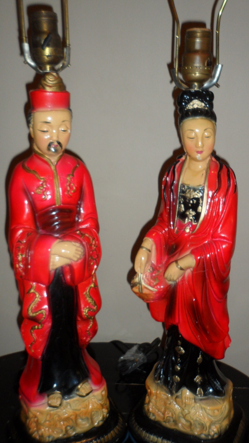 asian or  oriental chinese  themed lamp  set hollywood regency or older  man and awomen unique  red and black tall latge lamps