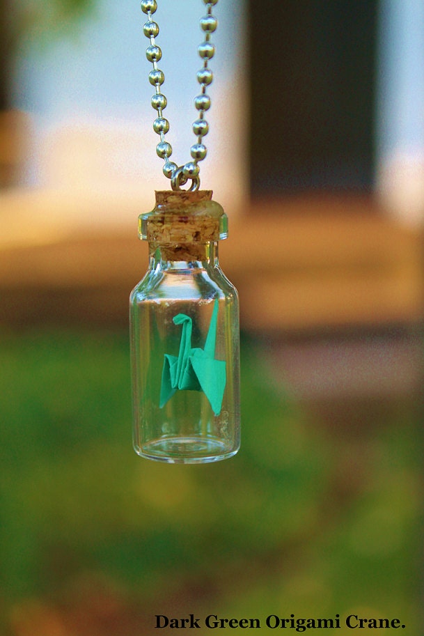 Origami Paper Cranes inside Glass Vials. (Dark Green Origami Crane with Sterling Silver Chain)